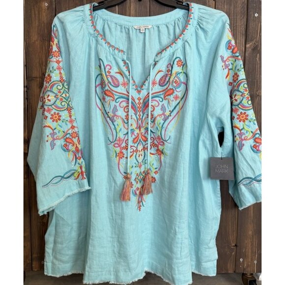 John Mark Tunic Top Turquoise Linen Embroidered Nwt Tassel 3/4 Sleeve 2X - Picture 1 of 13